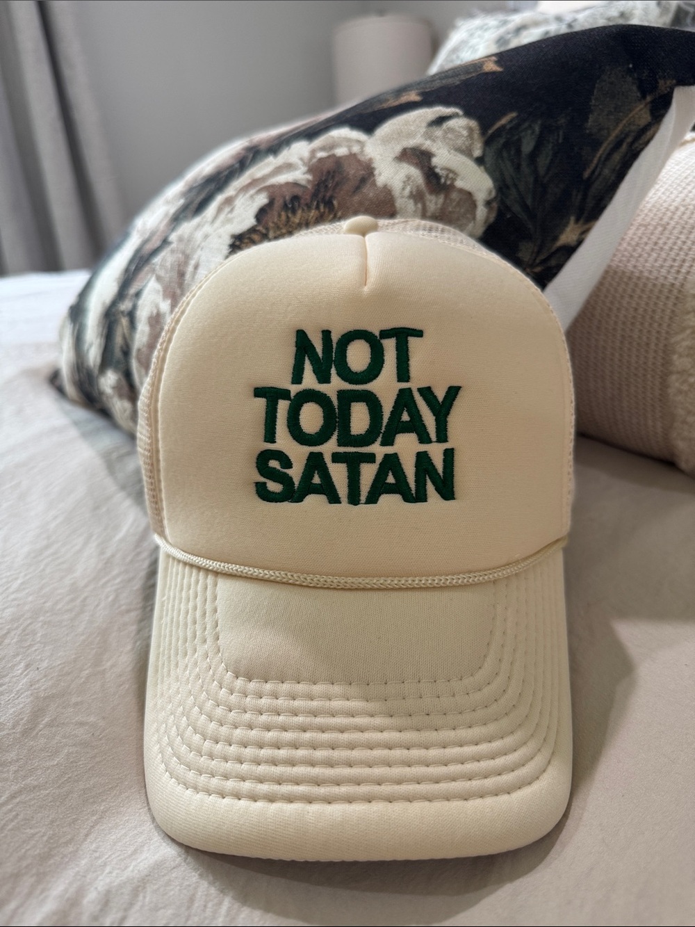 Cream Trucker Hat with Green "Not Today Satan" Embroidery